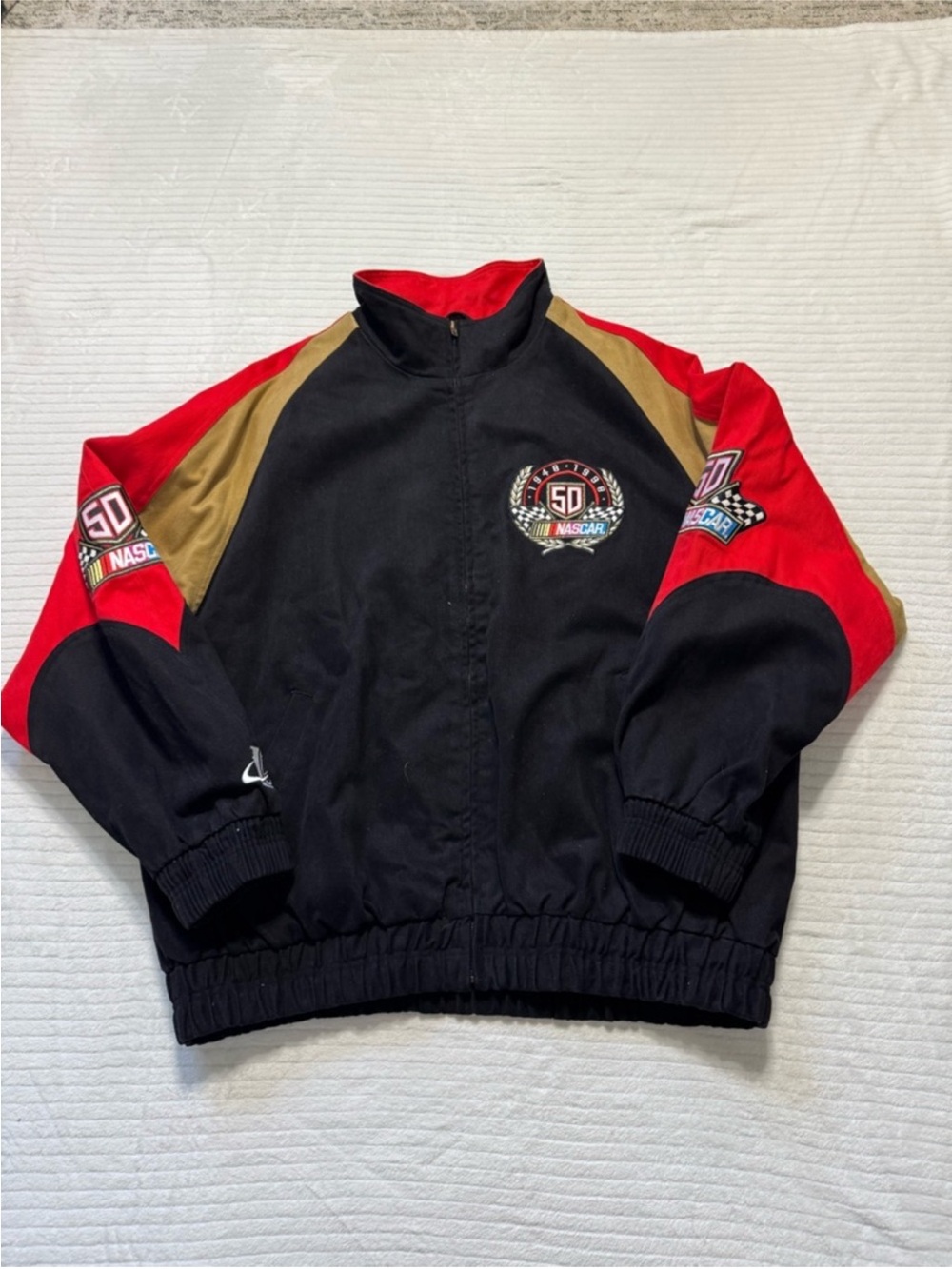 Nascar Vintaje Logo Athletic Black, Red & Gold Racing Bomber Jacket
